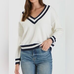 Blu Pepper V-Neck White Sweater with Navy Accents - Never Worn